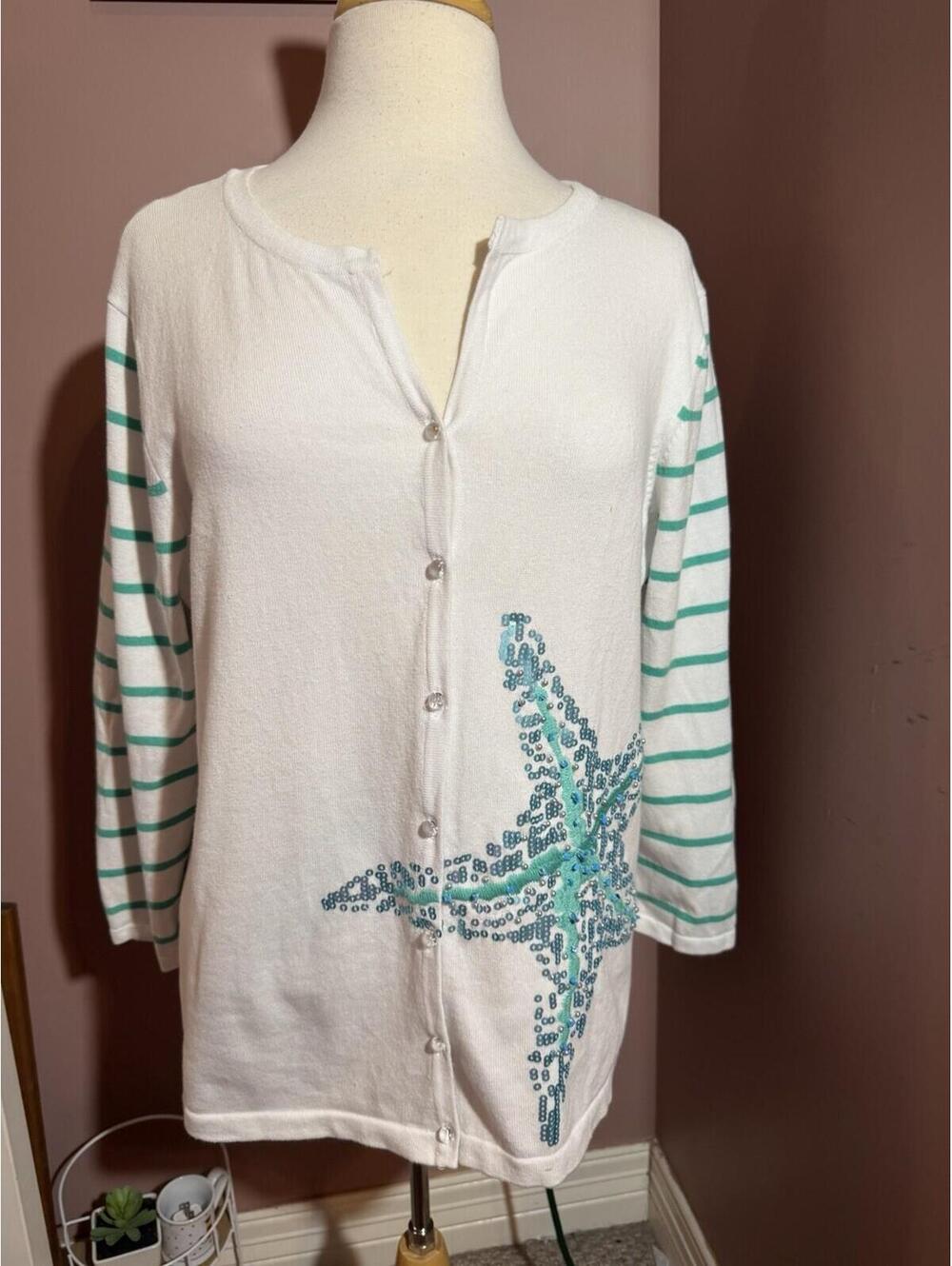Monterey Bay Sequined Starfish Cardigan Womens Large Teal Striped Sleeves